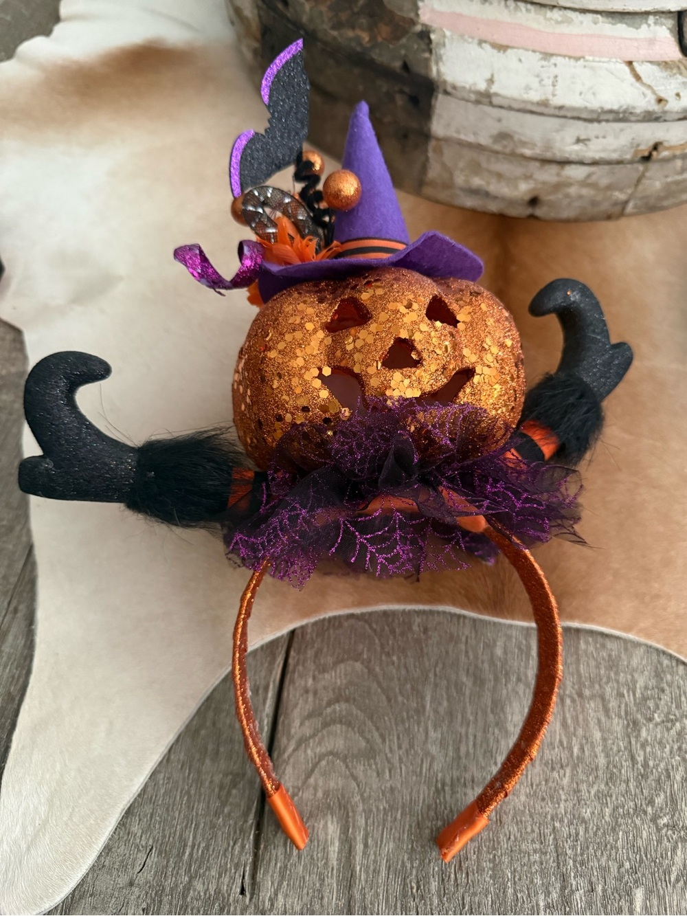 Glitter Pumpkin Witch Headband - Orange & Purple